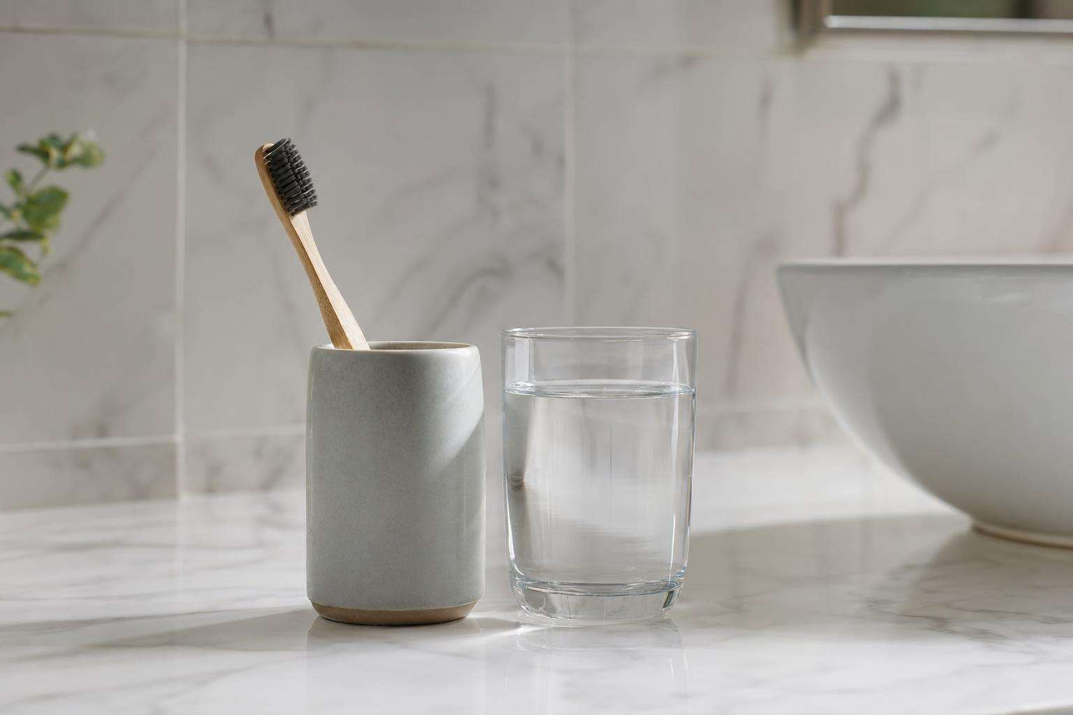 Toothbrush with toothpaste beside a clear glass of water, split composition, no people