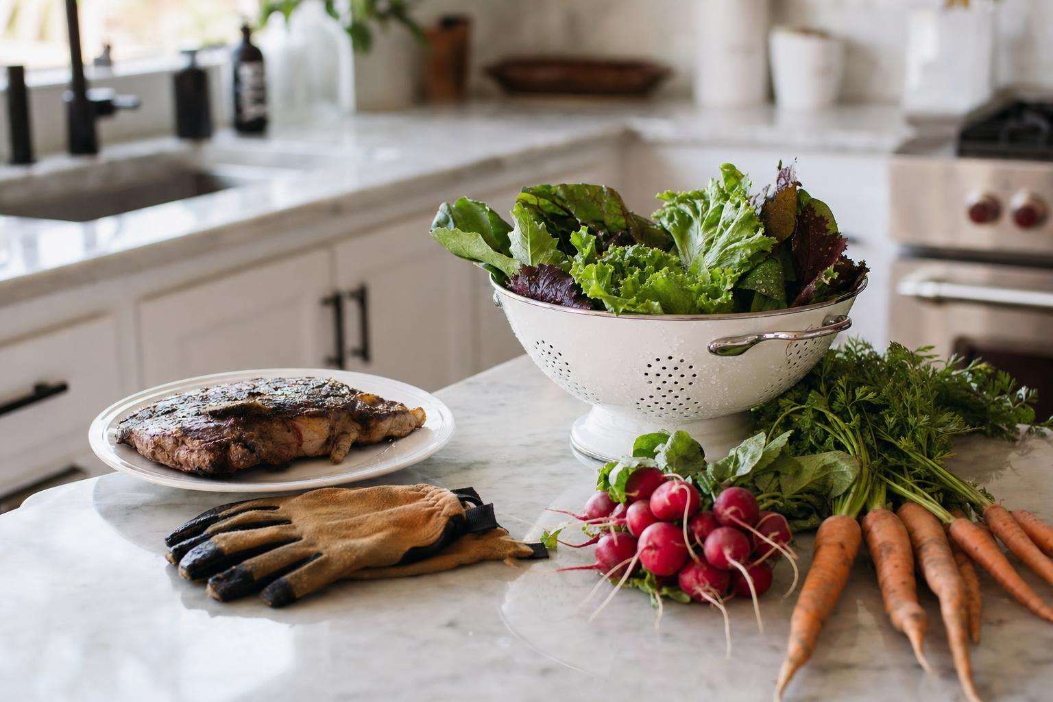Cutting board with thoroughly cooked meat and washed salad greens beside a pair of gardening gloves
