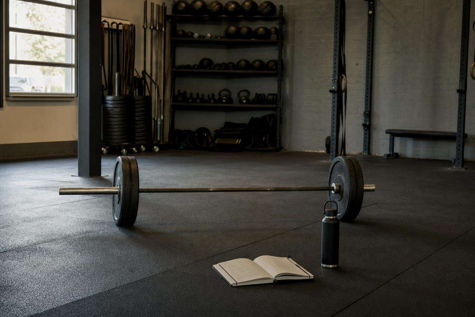 Barbell and training notebook on gym floor, no people