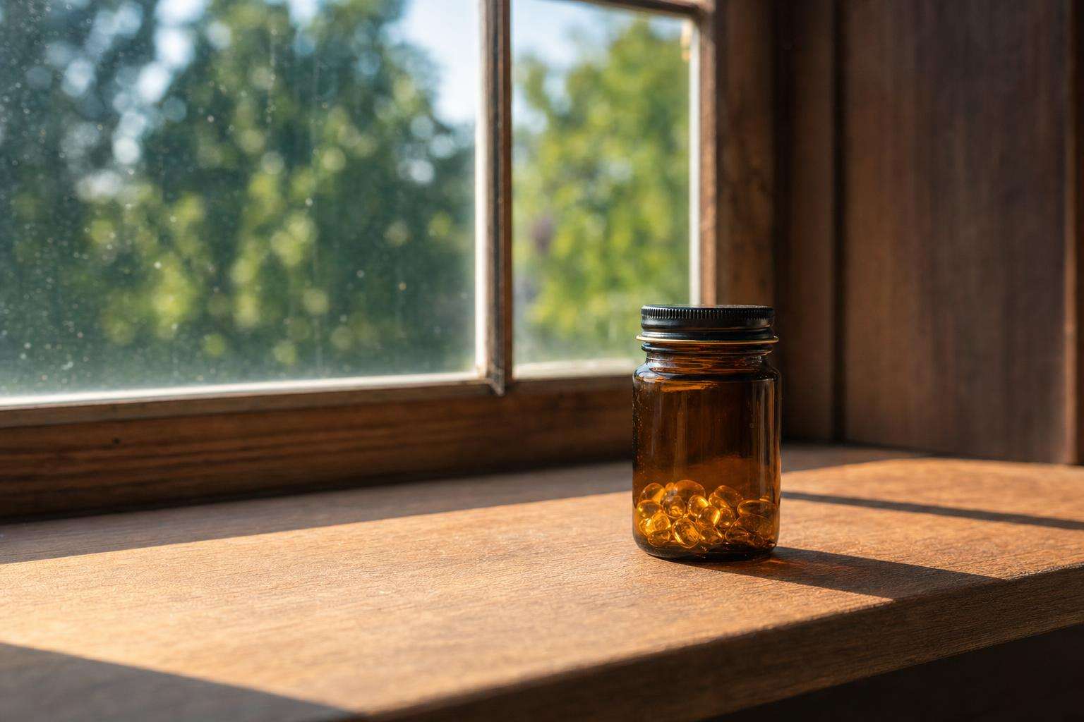 Sunlight across a windowsill with a vitamin D supplement bottle silhouette, no people no readable brand