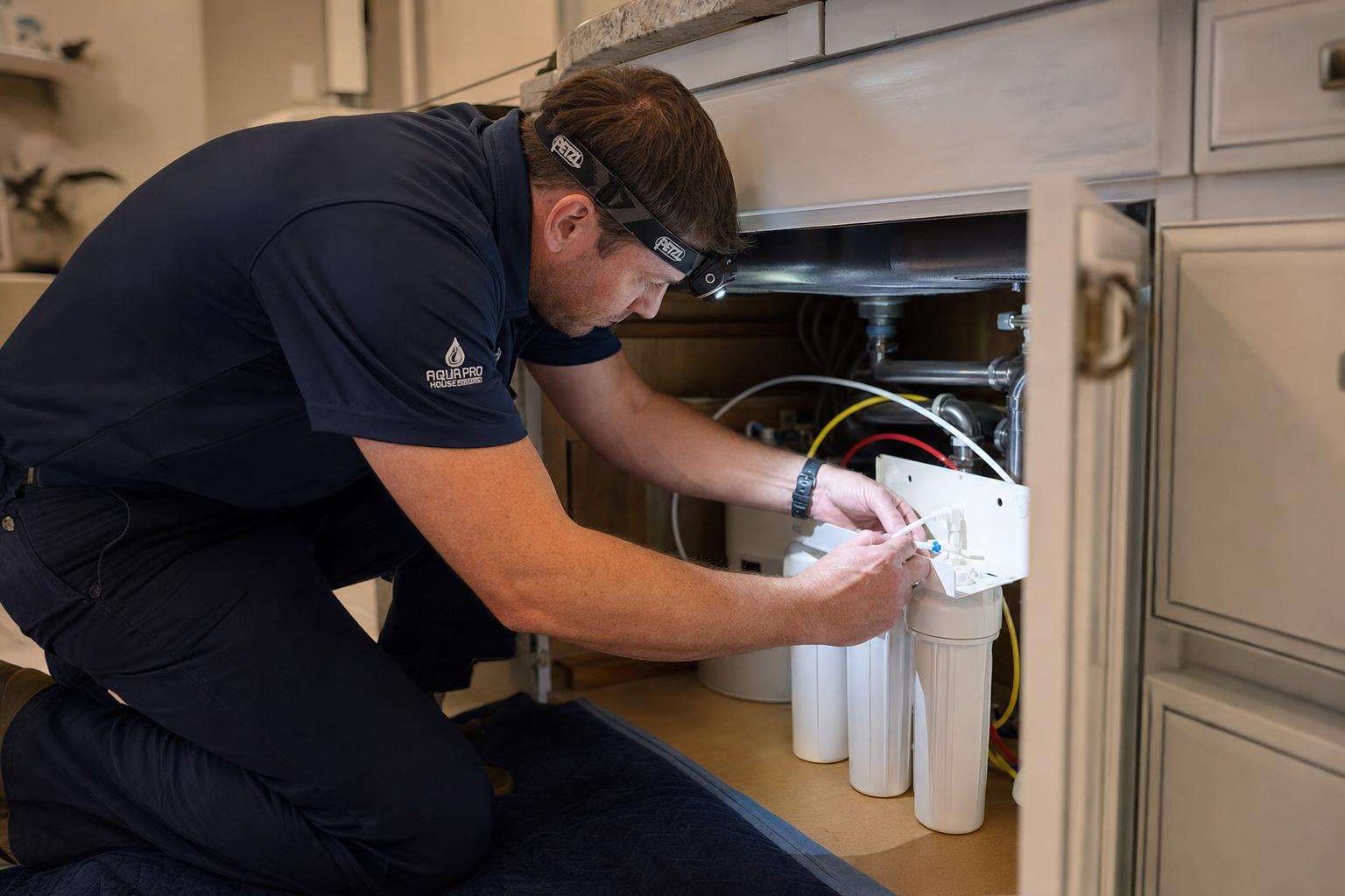 Under-sink water filtration system with clear tubing and a stainless faucet in a bright modern kitchen