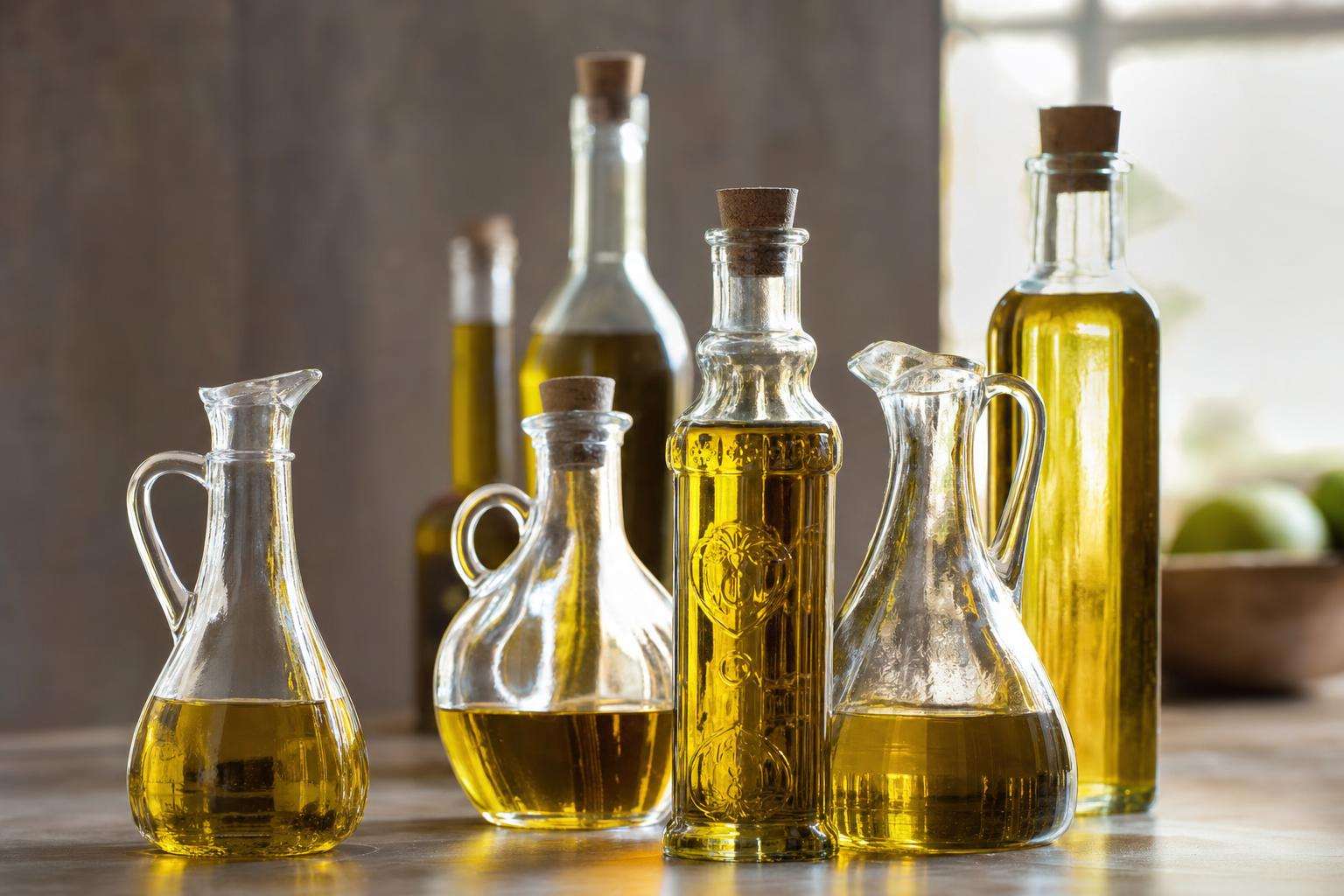 Assorted cooking oils in glass bottles, no people