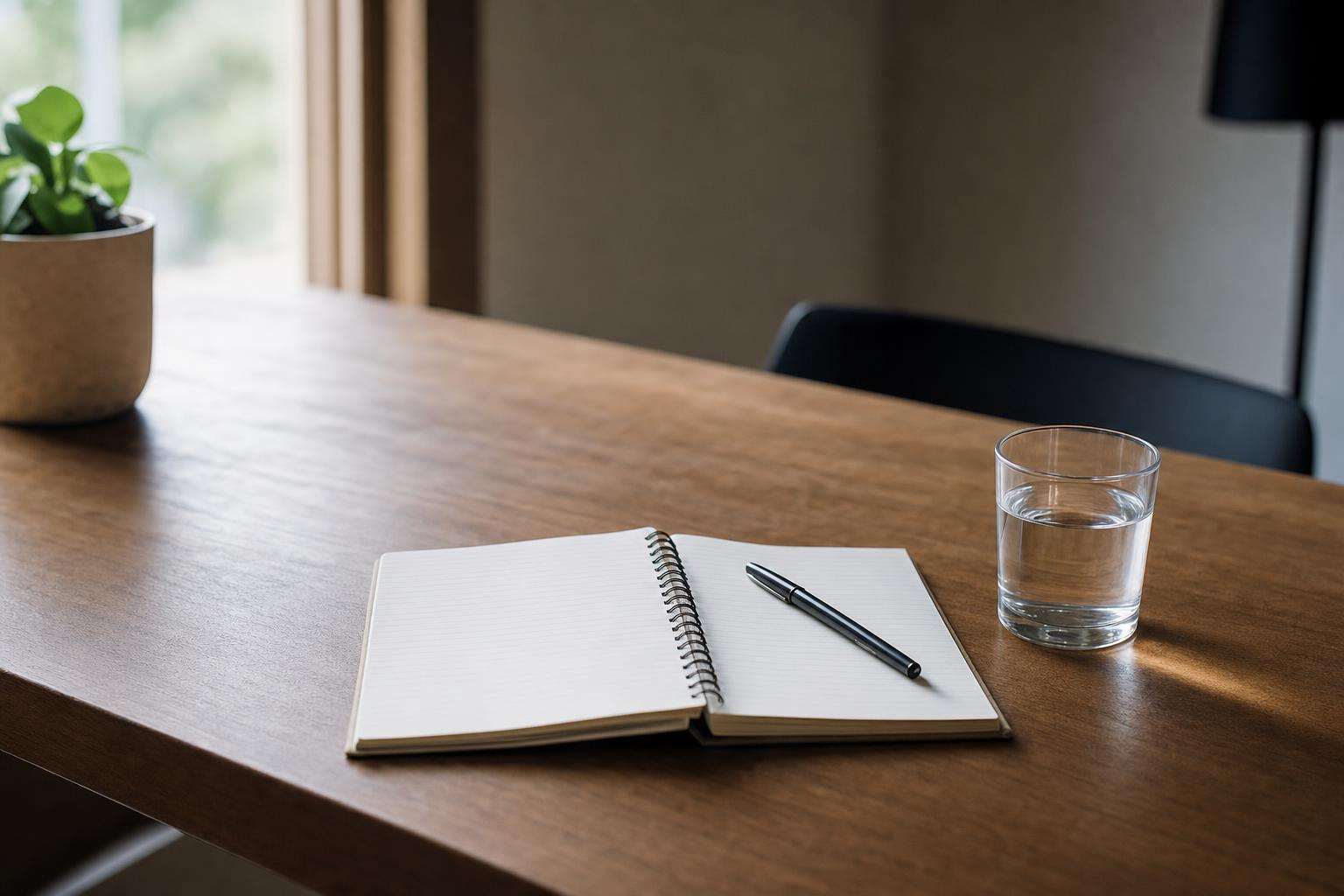 Notebook with simple calendar marks and a glass of water on a desk, no people