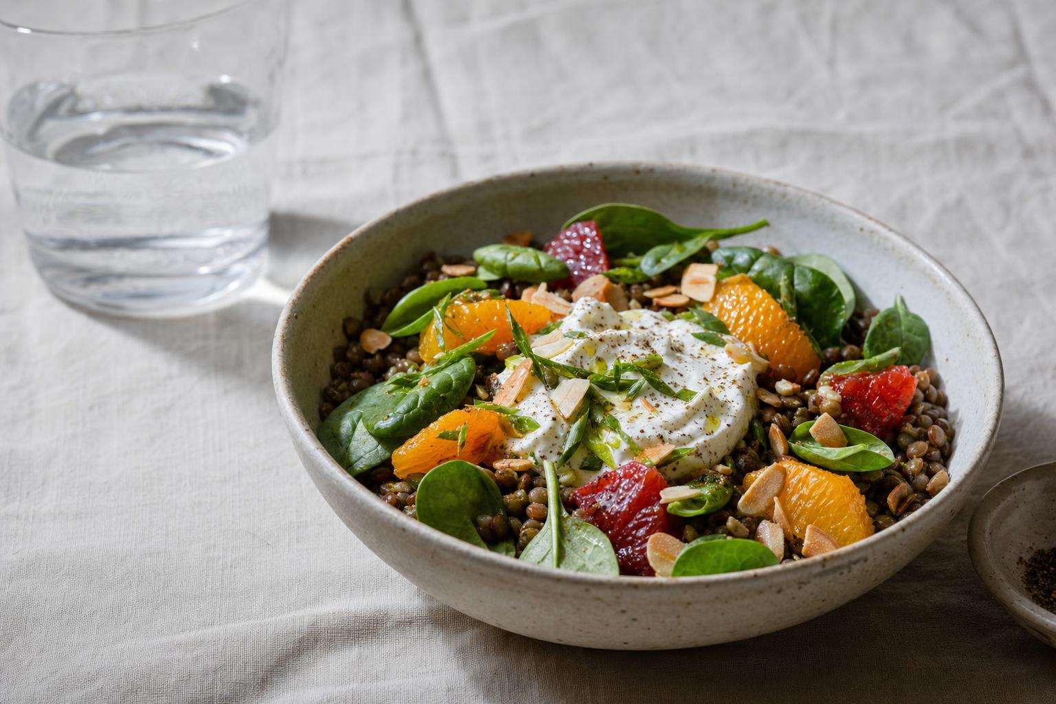 Iron-rich foods and leafy greens with yogurt and berries, no people