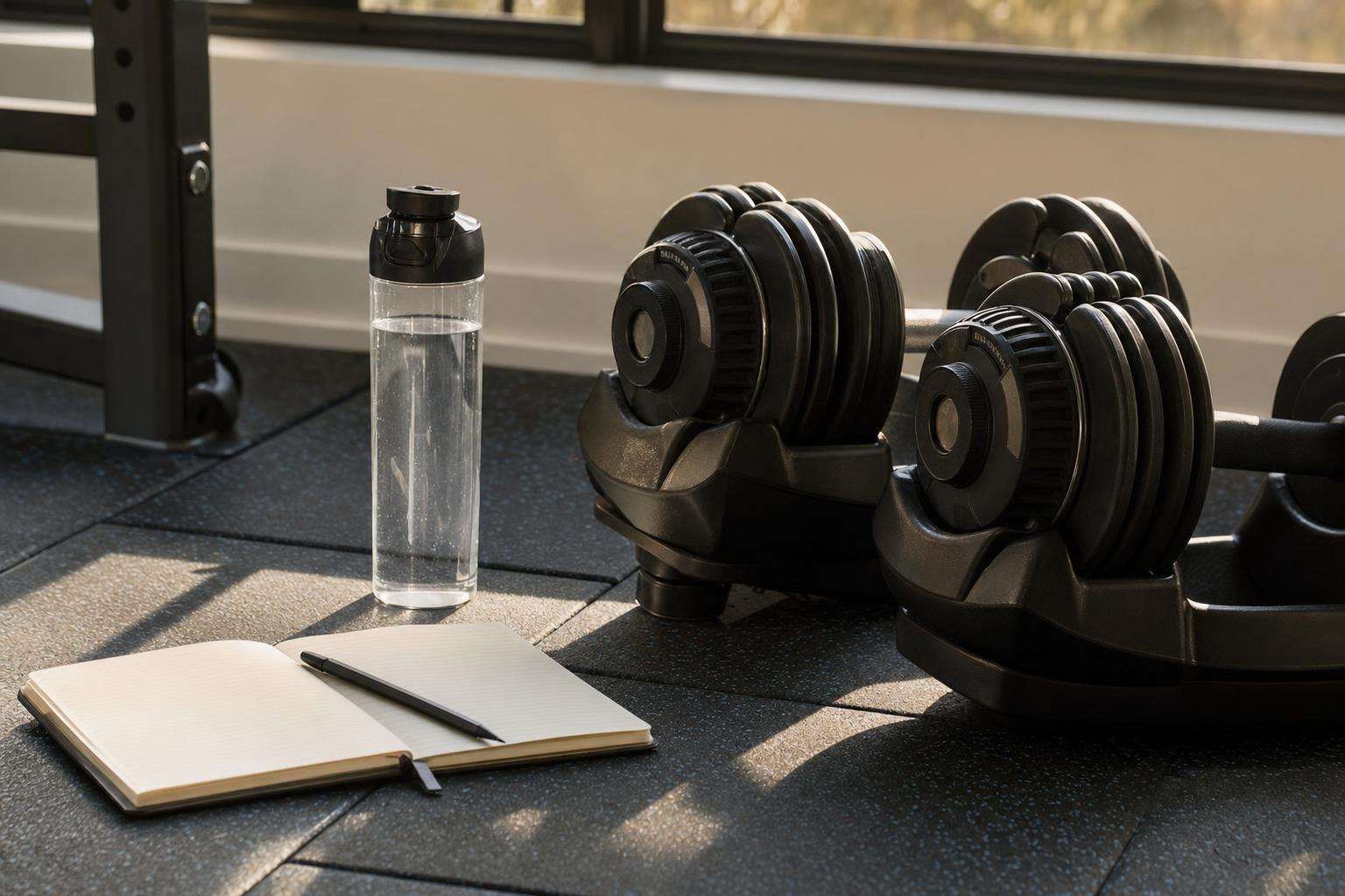 Dumbbells and resistance bands on a training floor with soft natural light, no people